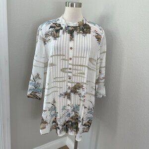 Citron Santa Monica Womens XL Button Up Tunic Top Asian Inspired Lagenlook